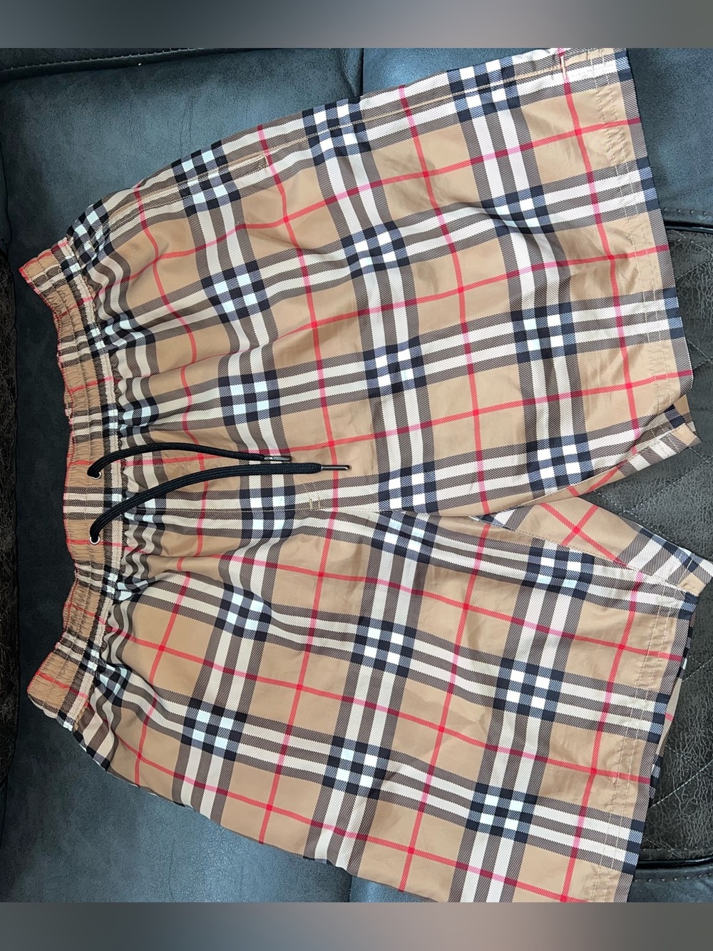 Burberry Beige Tartan Swim Trunks with Black & Red Accents